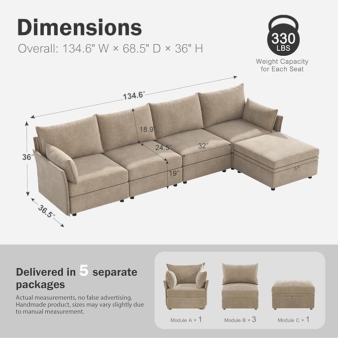 ABCASA 134.6" Luxury Modular Sectional Convertible Sofa with Storage Ottoman, L-Shape 5-Seat Oversized Comfy Couch Deep Seat with Reversible Chaise - Chenille Beige