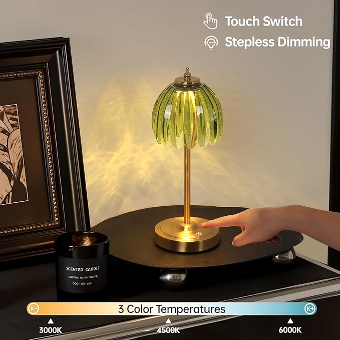 Tulip Table Lamp with 5000mAh Battery & Touch Control, Small Cordless Table Lamp with 3 Colors, Dimmable Rechargeable Battery Operated Table Lamps for Bedroom, Bedside, Desk (Green Tulip)