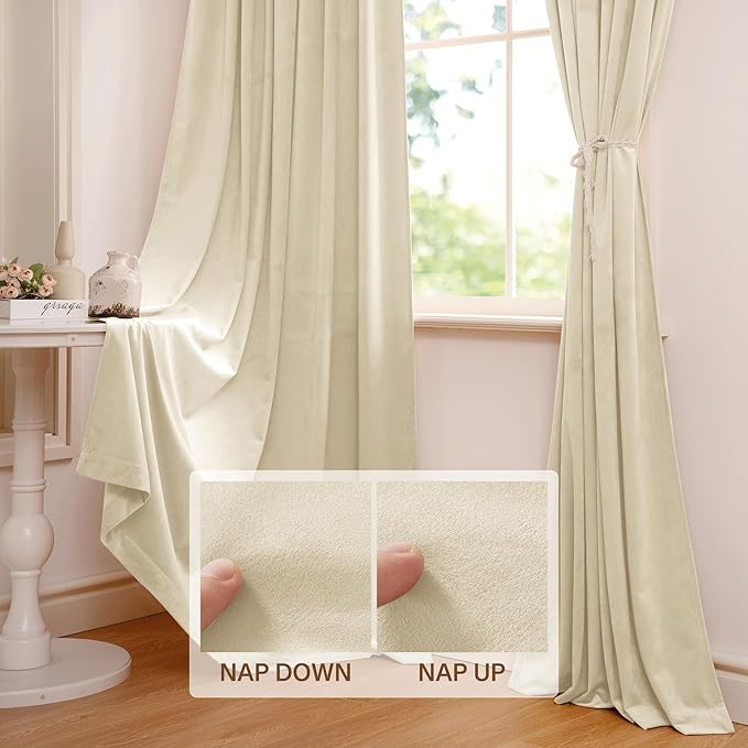 StangH Beige Velvet Curtains 94 inches Long Super Soft Luxury Home Decor Thermal Insulated Light Dimming Drapes for Living Room Sliding Door/Bedroom, W52 x L94, 2 Panels
