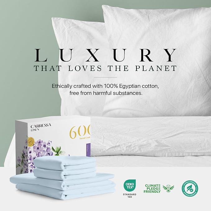 Carressa Linen Luxury Egyptian Cotton 4 PC Queen Size Sheet Set - 600 Thread Count Deep Pocket Fitted and Flat Sheets, Soft, Cooling Extra Long Staple Hotel Bedding with Sateen Weave, Sky Blue