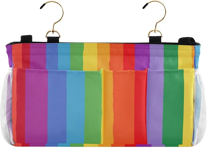 Bedside Caddy Hanging Bunk Bed Caddy Bed Organizer Hanging Pocket with 2 Hooks Bedside Storage Organizer Pocket Bag Holder Vibrant Colorful Stripes