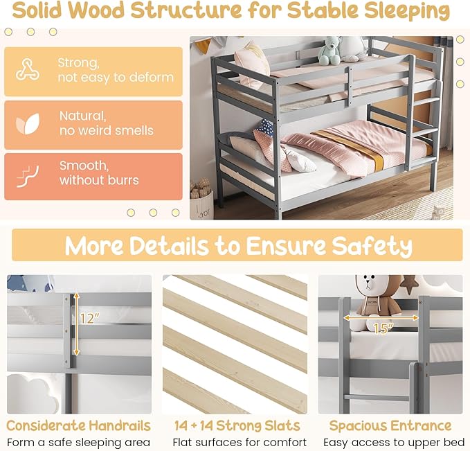 Giantex Bunk Bed Twin Over Twin, Solid Wood Bunk Bed with Sturdy Ladder & 12 Inch Safety Guard Rails, Twin Size Wood Bed Frame for Dormitory, No Box Spring Needed, Bunk Beds for Kids Teens,Grey