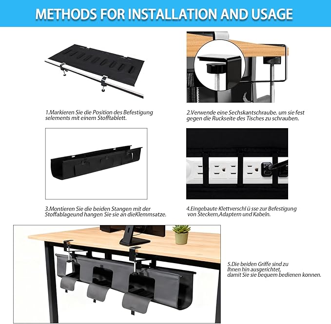 Under Desk Cable Management Tray, 36-inch No-Drill Standing Desk Cable Organizer, Fabric Tray for Power Strips, Adapters & Cables - Black