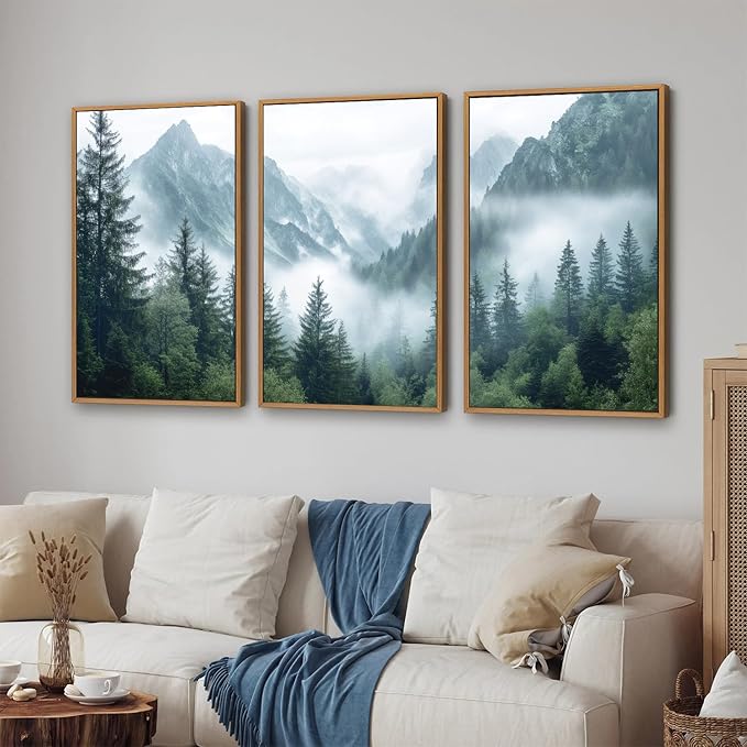 YeeHomedec Large Mountain Framed Canvas Wall Art, Mordern Calming Forest Wall Decor, Misty Nature Mountains Art Painting, Wooden Pine Trees Artwork for Living Room Bedroom Farmhouse 16"x24"x3