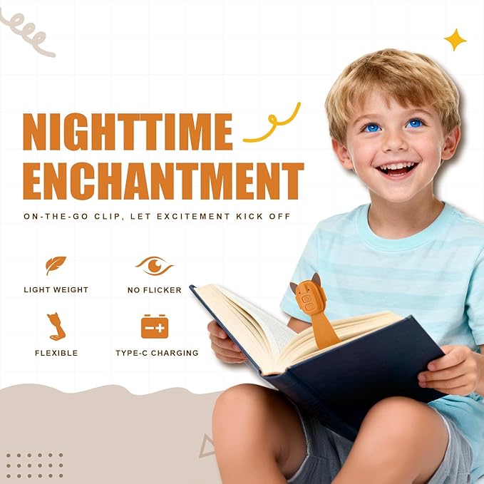 Rechargeable Book Light for Kids at Night – Portable Clip-On LED Light with Dimmable Brightness Ideal for Kids & Adults, Bedtime & Travel–Eye-Caring, Flexible, Gift for Book Lovers,Brown