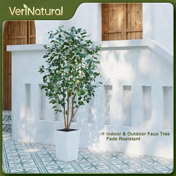 6ft Artificial Ficus Tree-Tall Faux Tree with Pebbles & Planter UV Resistant Potted Fake Plant with Silk Leaves & Real Wood Trunk-Indoor Outdoor Floor Plant for Home,Living Room,VN129