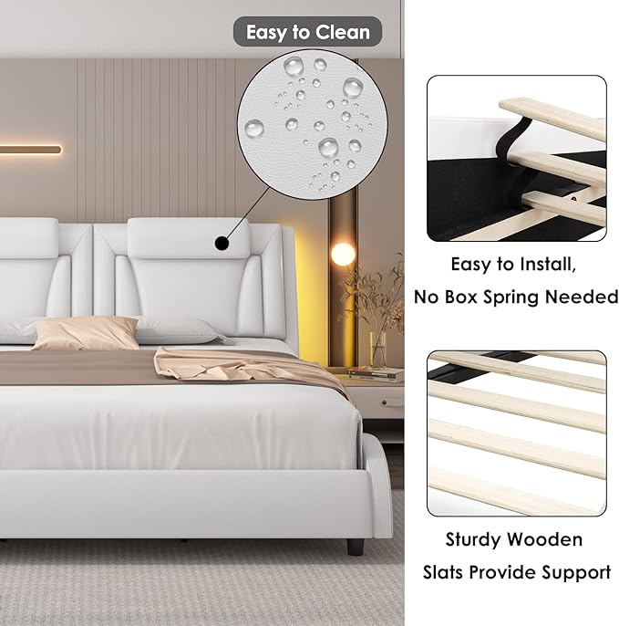 Keyluv Upholstered Platform Bed Frame with Adjustable LED Headboard, Pu Leather, Wave-Like Curve Design and Solid Wooden Slats Support, No Box Spring Needed, Noise Free, Modern, Queen, White