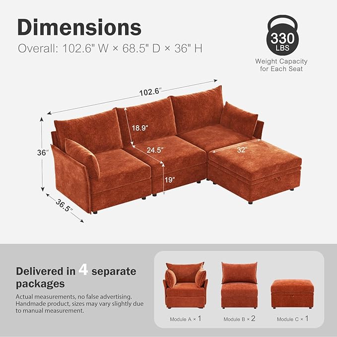 ABCASA 102.6" Modular Sectional Sofa, L Shaped Couch Set for Living Room, 3-Seater Comfy Cloud Couches with Movable Storage Ottoman,DIY Combination - Chenille Terracotta Orange
