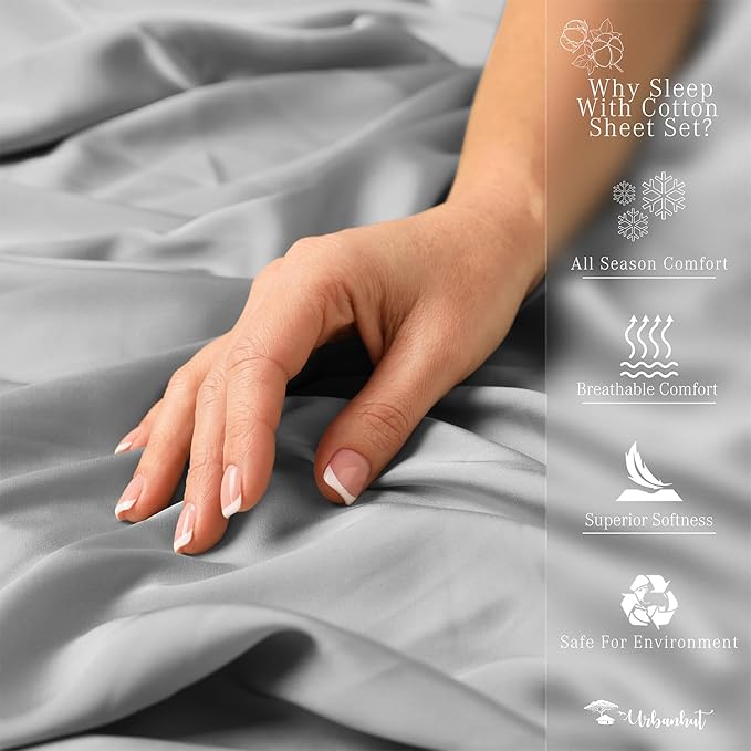 URBANHUT 800 Thread Count 100% Cotton Twin Size Sheets, Luxury 4 Piece Twin Bedsheets, Hotel Sheets Sateen Finish - Better Than Egyptian, 14" Elasticized Deep Pocket - Silver Grey