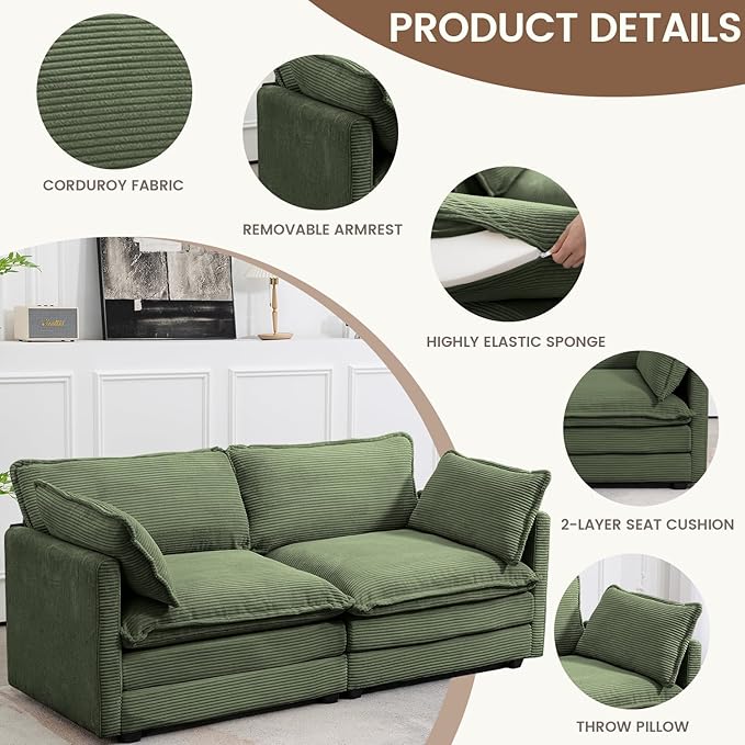 ROWHY Sectional 2 Seat Cloud Loveseat with 2 Throw Pillows, Modern Corduroy Love Seat Sleeper Bed, Convertible Cozy Sofa for Living Room and Office, Green