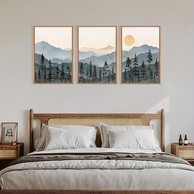 LHIUEM Boho Mountain Framed Canvas Wall Art Set,Forest Pine Tree Wall Decor, Sunrise Misty Wilderness Painting,Watercolor Nature Landscape Artwork for Living Room,Bedroom,Dining Room,Office -16"x24"x3