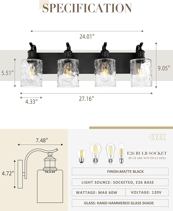 Bathroom Vanity Light Fixtures 4-Light Hammered Glass Modern Wall Mounted Over Mirror Black - VL01BKH-4