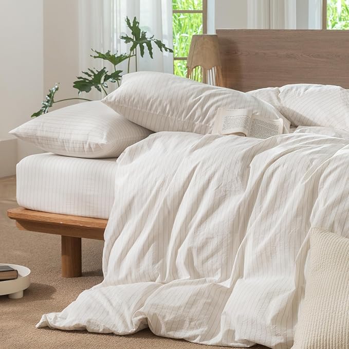 MooMee Striped Duvet Cover Set 100% Washed Cotton Linen Like Textured Breathable Durable Soft Comfy (White Almond Milk Grey Wide Stripes, Super Queen 90"x98")