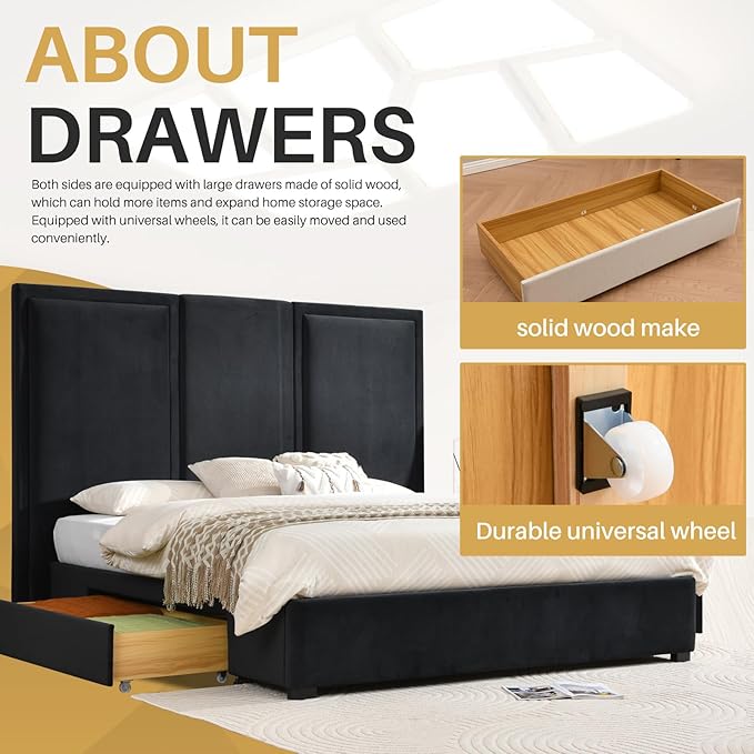 YUHUASHI King Size Bed Frame with 64-inch High Headboard, Simple and Airy Linen Upholstered Platform Bed with Storage Drawers, Wood Slat, No Noise (Ink Blue, King)