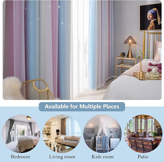 Star Blackout Curtains - Bedroom Cute Kids Rainbow, 96 Inch Long 2 Panels, Purple & Blue, 42 x 96 Inch