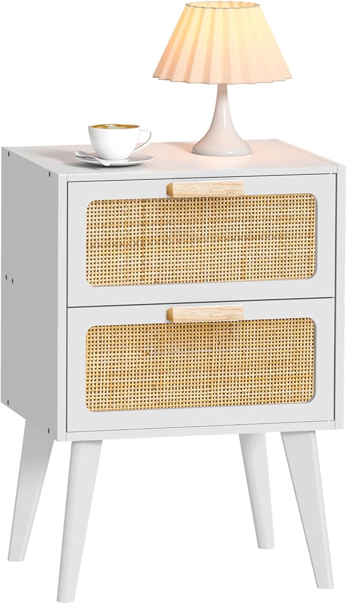 YAUKOMEL Rattan Nightstand, Wood End Table, Side Table with 2 Hand Made Rattan Decorated Drawers,Boho Bedside Table,Wood Accent Table with Storage for Livingroom, Bedroom, White CTG59W