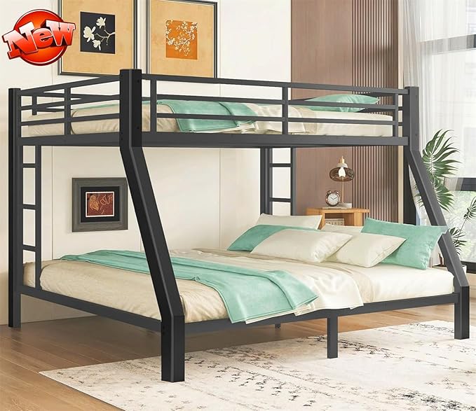 Higher Quality & Stronger Heavy Duty Metal Bunk Bed Frame Queen Over King Size for Adults Teens, Thickened More Stable Steel Bunkbed (Queen Over King)