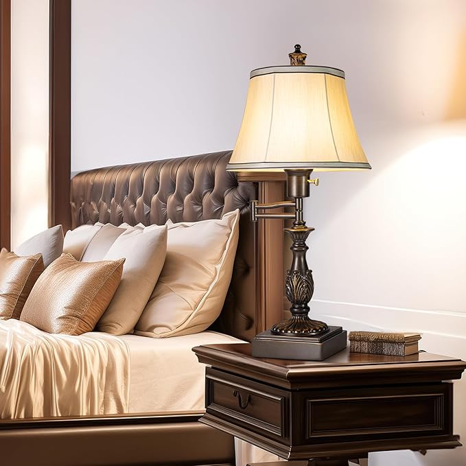 Scenekoy 23.5" High Rustic Traditional 350° Adjustable Swing Arm Table Lamp Set of 2 with USB A+C Ports Brown Finish Cream Shade Vintage Nightstand lamp for Living Room Bedroom Office (Bulb Included)
