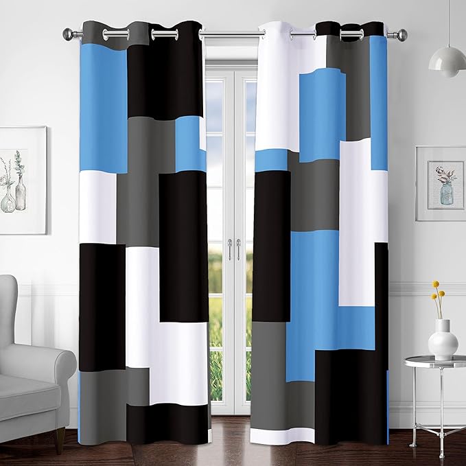 Light Blue 100% Blackout Curtains for Bedroom 72 inch Length 2 Panels Set Grey Modern Abstract Geometric Black Out Curtains Insulated Room Darkening Window Drapes for Living Room, 42Wx72L