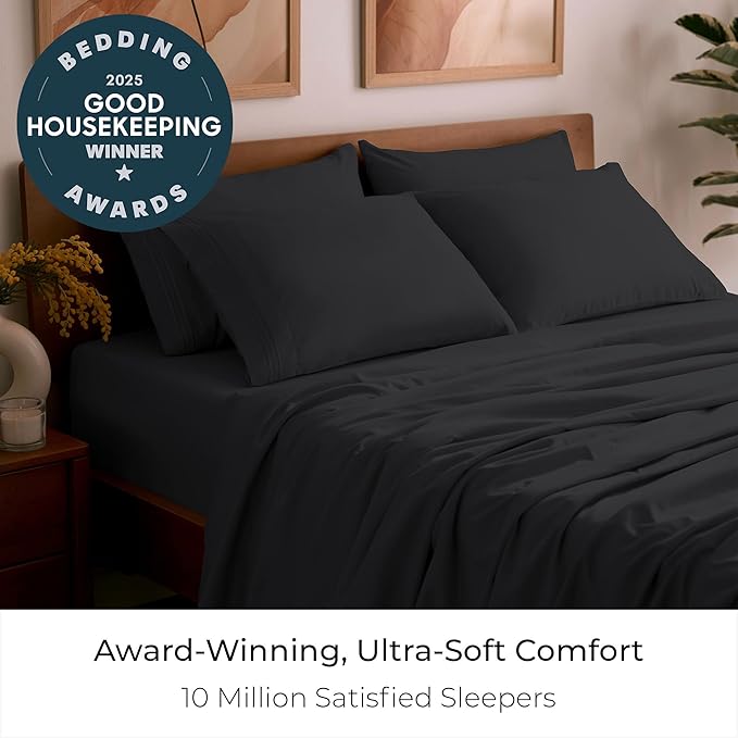 Mellanni Split King Sheet Set - 7-Piece Iconic Collection Bedding, (Including 4 Pillowcases), 16-Inch Deep Pocket, Easy Care, Extra Soft, Cooling Sheets, Brushed Microfiber - Black
