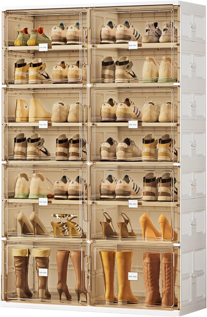 JEKO&JEKO 7 Tiers Foldable Boot and Shoe Storage Rack Cabinet for Closet Entryway, Large Collapsible Shoe Organizer with Magnetic Doors (White)