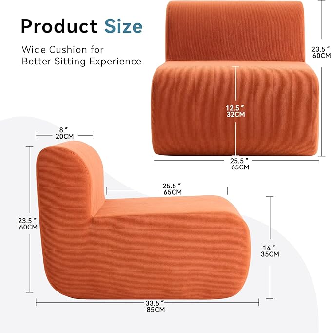 Single Boneless Chairs,Fireside Beanbag Chair Upholstered Cloud Sofa Chair,Corduroy Floor Couch Boneless Couch for Living Room,Memory Foam Lounge Chair for Bedroom,Orange