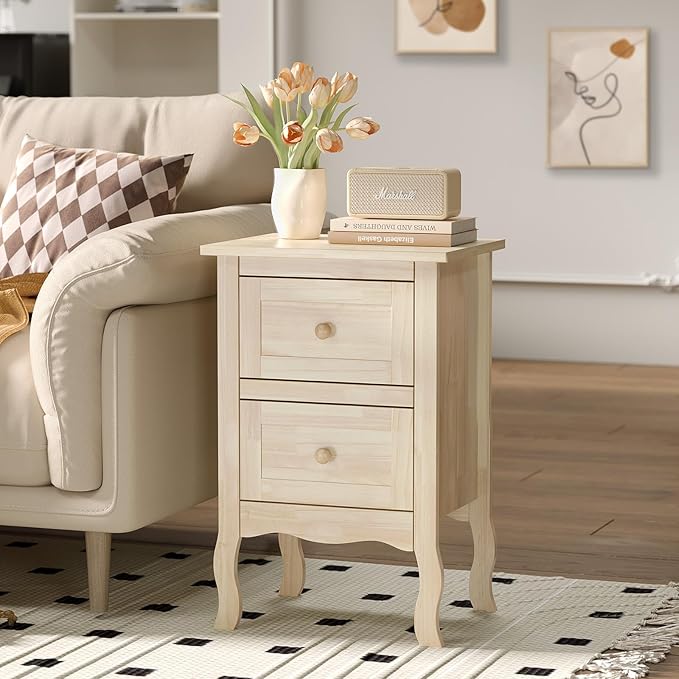 Bonnlo Nightstands Set of 2, Solid Wood Nightstand Unfinished for Color DIY, Small Night Stand for Bedroom, Natural Wood Nightstand with Drawers, Light Wood Nightstands, Real Wooden Bed Side Table