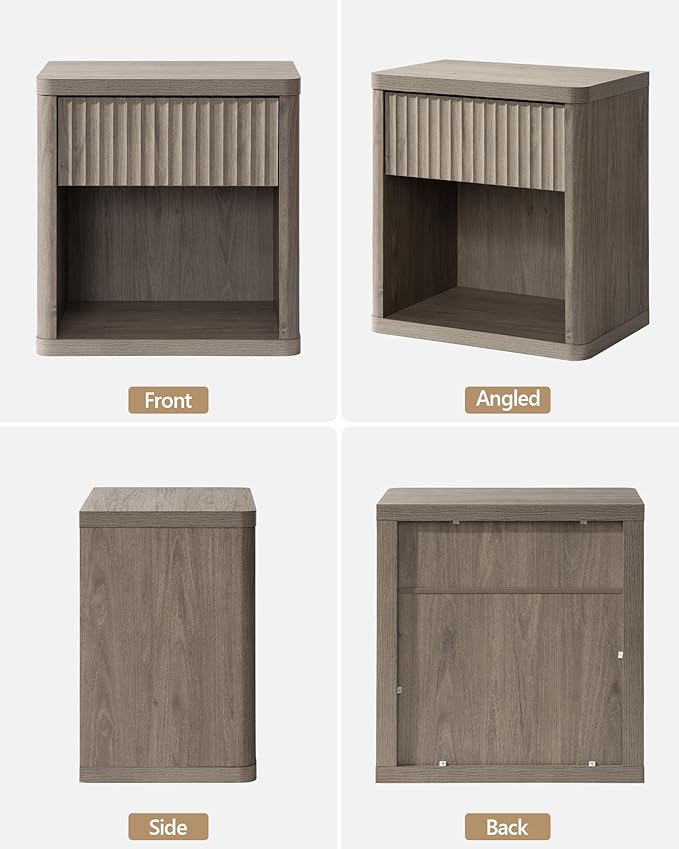 SICOTAS Night Stand Set of 2 Nightstands with Drawer Storage Fluted Bed Side Table End Table Large Modern Wide Bedside Stand Mid Century Night Stands for Bedroom Living Room Sofa Office, Grey Alder