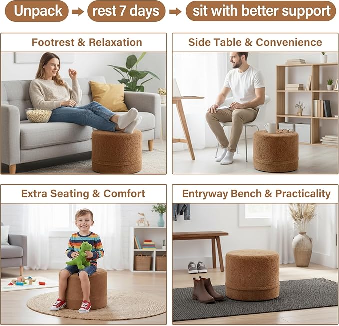 Tiita Pouf Ottoman and Foot Rest, Round Foam Stuffed Floor Pouf with Storag for Living Room, Brown