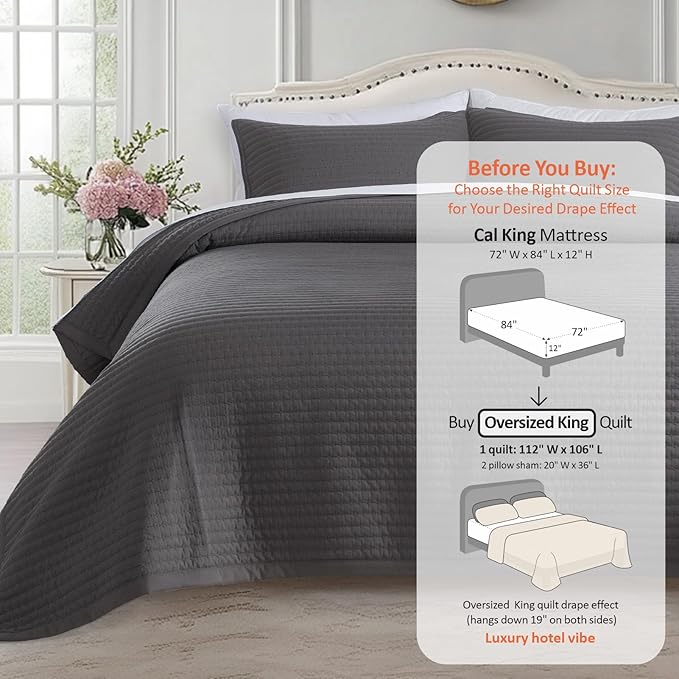 Oversized King Quilt Set 112"x106" – 3-Layer Soft Washed Lightweight California King Bedspread, Minimalist Nordic Design, All-Season Quilt Bedding (1 Quilt + 2 Pillow Shams), Tornado Dark Grey