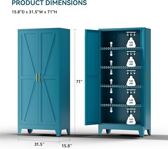 Farmhouse Pantry Cabinet with Barn Doors, 71" H x 31.5" W, 5-Tier Metal Storage Cabinet with 4 Adjustable Shelves for Kitchen Garage Dining Room,Blue