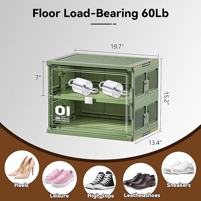 Portable Shoe Storage Cabinent of 3-Step Fast Installation,Green Foldable Shoe Organizer Box with Magnetic Clear Door for Entryway, Enclosed Shoe Rack for Sneaker, Heels etc.. (Green, 1Row 2Tier)