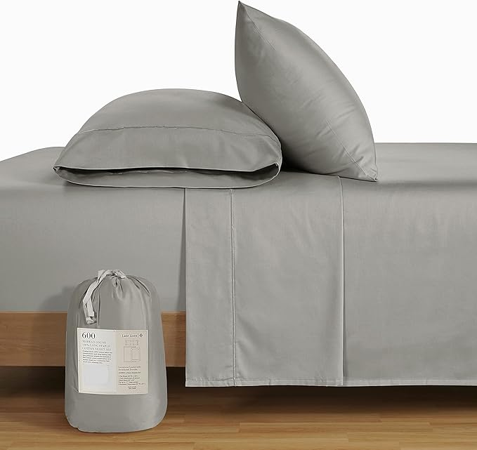 LANE LINEN King Sheet Set – 600 Thread Count Long Staple 100% Cotton King Size Sheet Set, Hotel Luxury Soft Silky Sateen Finish, Gentle on Body, Fully Elasticized 15" Deep Pocket – Silver