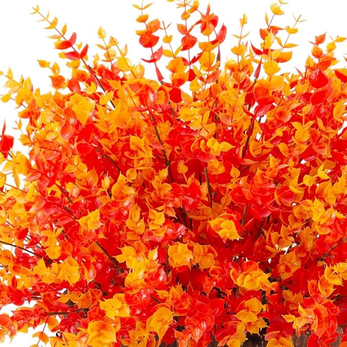 HyeFlora Artificial Fall Flowers Faux Mums for Outdoor Indoor Garden Home Decoration, Faux Flower Daisy with Eucalyptus Leaves Fake Plants Greenery Boxwood Porch Patio, 12 Bundles (Orange Eucalyptus)
