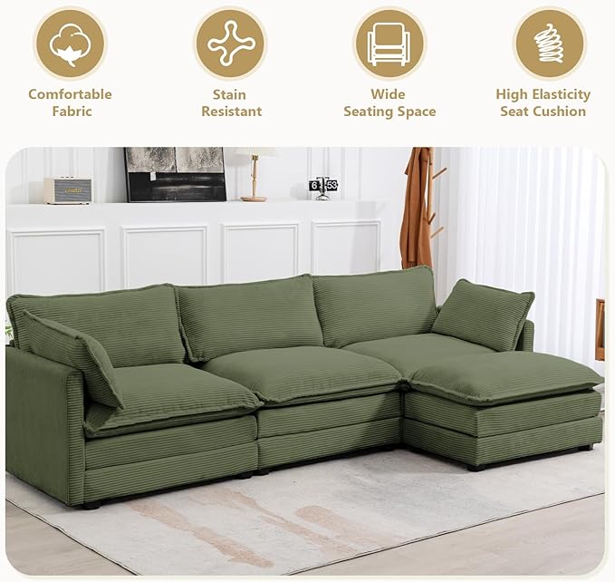 112'' Sectional Modular Cloud Couch, Oversized L Shaped 3 Seat Sofa with Movable Ottomans, 2 Throw Pillows, Upholstered Corduroy L Shape Comfy Deep Couches for Living Room and Office, Green
