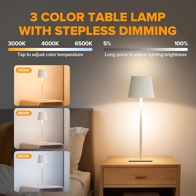 LUTEC 4 Pack Cordless Table Lamp,6000mAh Rechargeable Battery Operated Desk Lamp,Two Adjustable Heights,Waterproof, Touch Control & 3 Color Stepless Dimming for Restaurant/Bedroom/Bars/Outdoor (White)