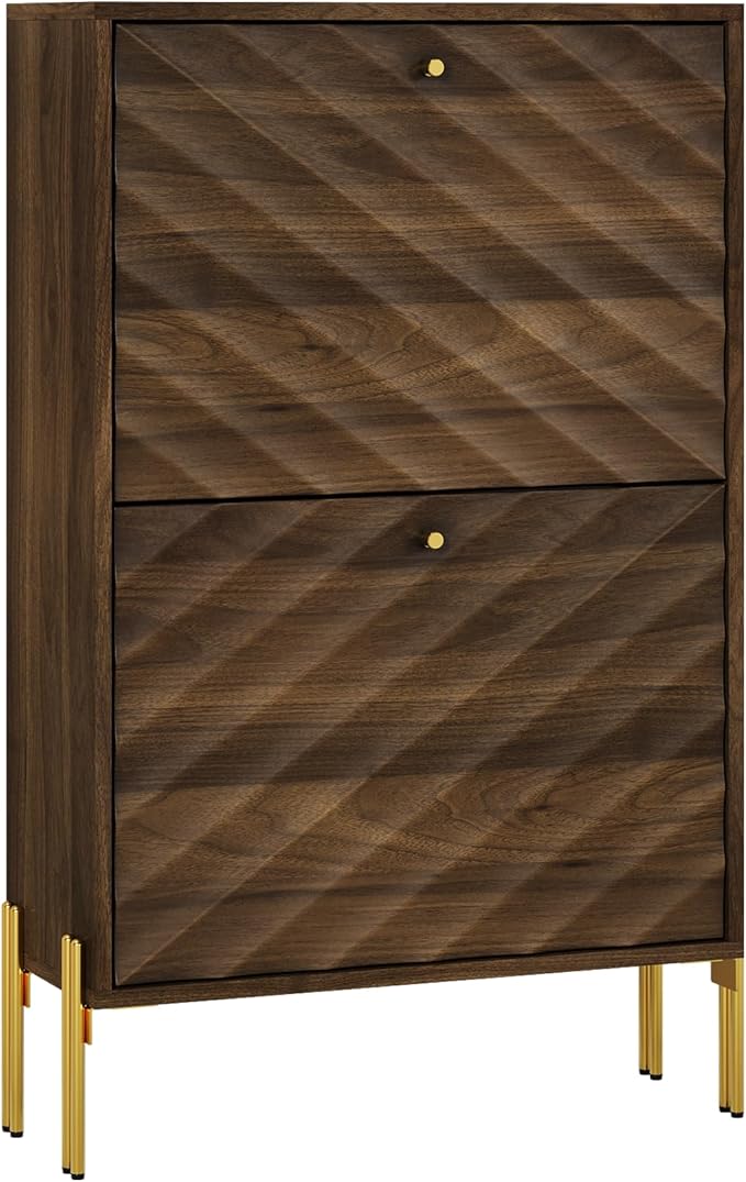 Smuxee Walnut Shoe Cabinet with 2 Flip Drawers, 23.6" Hidden Shoe Storage Cabinet with Golden Metal Feet, Freestanding Shoe Organizer Cabinet for Entryway, Hallway, Living Room
