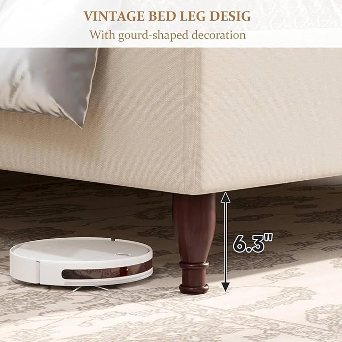 koorlian King Size Bed Frame Fully Upholstered Platform Bed with 51'' Tall Headboard, Sleigh Wingback and Solid Wood Retro Legs, Soft Fabric/Modern Minimalist Style/Easy Assembly, Beige