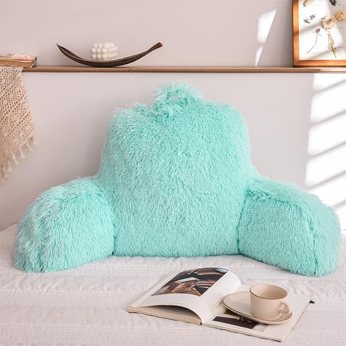 Holawakaka Standard Faux Fur Bed Rest Pillow with Arms,Shaggy Backrest Reading Pillows Perfect for Kids, Teens, Petites, Boys Girls Lumbar & Head Neck Coccyx Lower Back Support Cushion (Aqua)