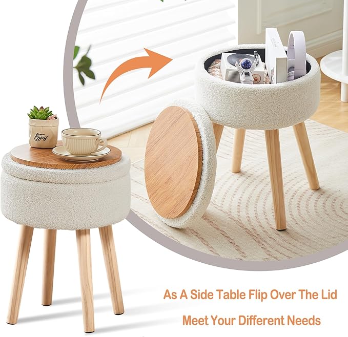 Mxfurhawa Storage Ottoman Foot Stool Teddy Velvet Round Vanity Stool Tray Top Footstool with Wood Legs Upholstered Foot Rest Ottoman for Living Room, Bathroom, Makeup (White)