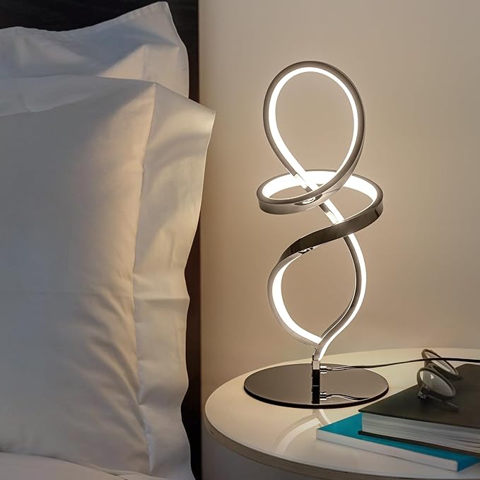 Mayful Modern Lamp with LED Spiral Design, Bedside Lamp with Stepless Dimming Switch, Contemporary Nightstand & Chrome Table Lamp for Bedroom, Living Room, Home Office, 12W 3200K Warm White,2 Pack