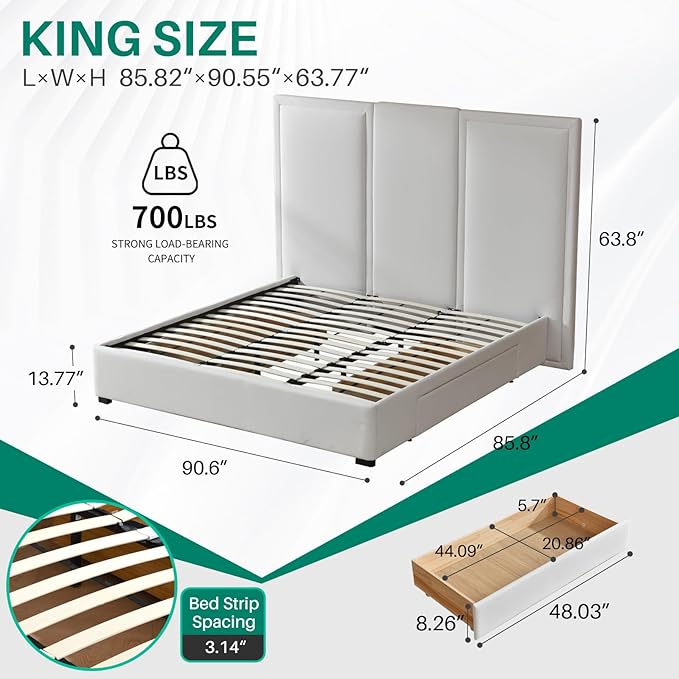 YUHUASHI King Size Bed Frame with 64-inch High Headboard, Simple and Airy Linen Upholstered Platform Bed with Storage Drawers, Wood Slat, No Noise (White, King (U.S. Standard))