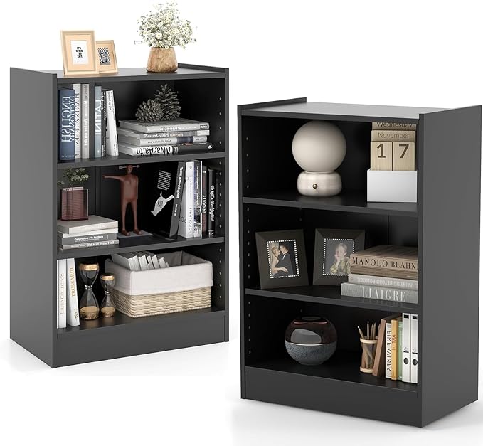 LOKO 3-Tier Open Bookcase Set of 2, Modern 3-Cube Bookshelf with 18-Position Adjustable Shelves & Anti-toppling Devices, Multipurpose Cubical Display Storage Organizer for Living Room Study (2, Black)