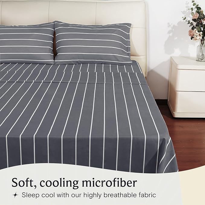 LuxClub 4 PC Queen Sheet Set, Deep Pockets Wrinkle Free Cooling Bed Sheets Hotel Bedding for Women, Men, Includes 1 Fitted Sheet, 1 Flat Sheet and 2 Pillowcases-Striped - Light Grey