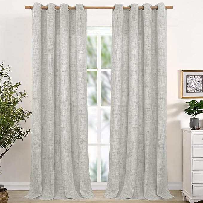 YoungsTex Extra Long Linen Curtains 102 Inch Length for Living Room, Light Grey Light Filtering Drapes with Bronze Grommet Privacy for Dining Bedroom, 52 x 102 Inch, 2 Panels