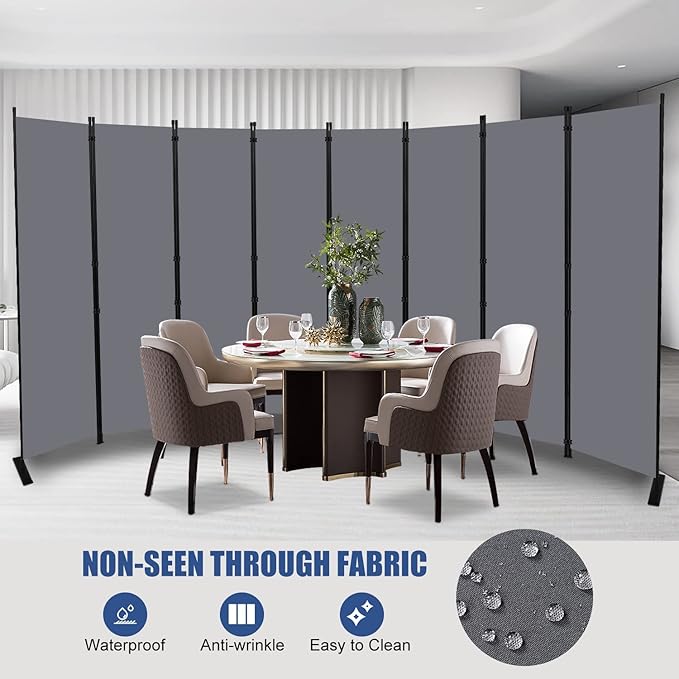 Room Divider Folding Privacy Screens with Wheels, 6FT Tall Divider for Room Separation, Movable Room Partitons and Dividers, Indoor Room Dividers Panel with Fabric (Grey, 8 Panel-176‘’-Flat Base)
