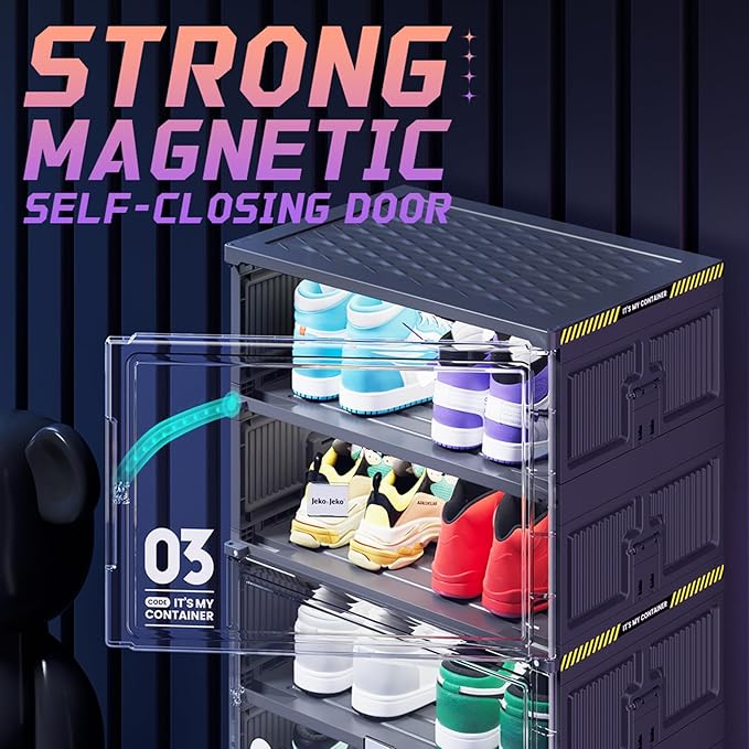 JEKO&JEKO 6-Tier Double-Column Foldable Shoe Storage Cabinet with Magnetic Doors, Large Collapsible Shoe Rack Organizer for Entryway, Fits Up to 24 Pairs, Black