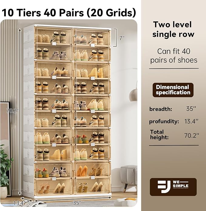 40 Pairs Shoes Storage Cabinet of 3-Step Fast Installation,Plastic Shoe Rack with Clear Magnetic Door for Display，Foldable Shoe Organizer for Entryway, Living Room, Garage (2 Row, 10 Tier)