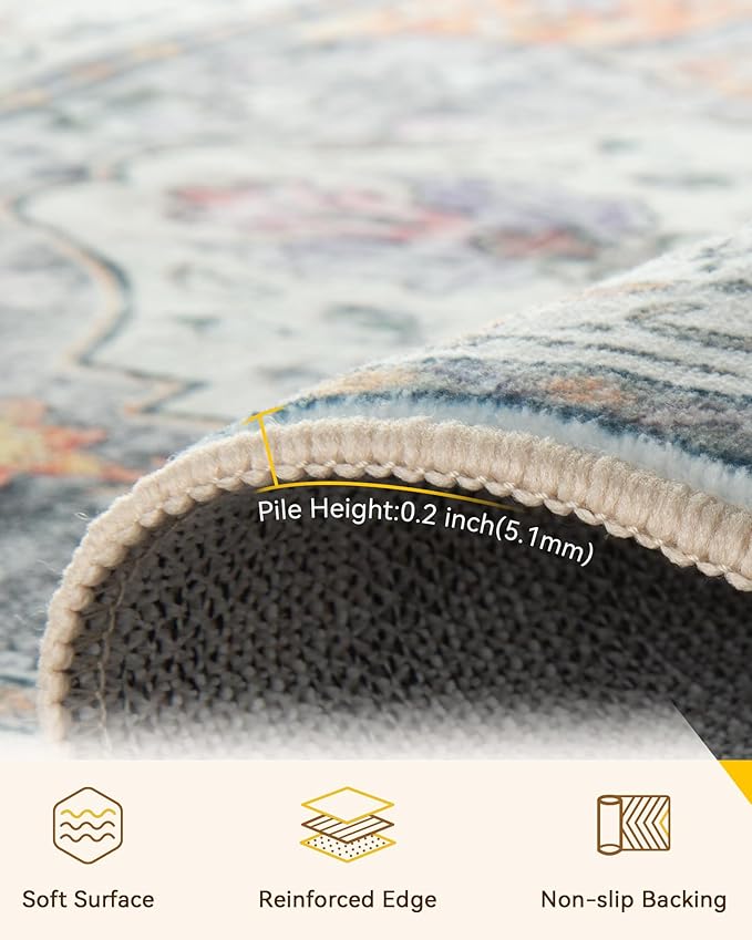 Area Rugs Square 7ft Washable Non-Slip, Floral Vintage Distress Print Pattern Medallion Carpet for Living Room Bedroom Dining Room, Light Yellow Carbon Grey Orange