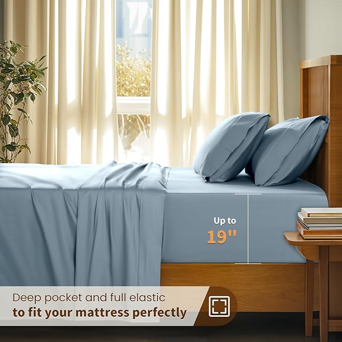 LBRO2M 100% Cotton Sheets Set Deep Pocket 19", 1000 Thread Count Full Size 4 Piece Bed Sheet Sets Soft Comfortable Bedding All Season (Full, French Blue)
